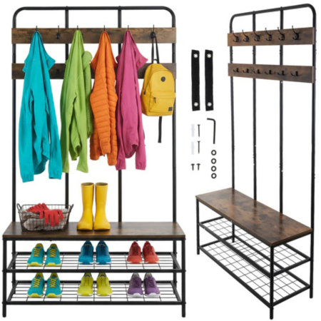 Cuiere - Cuier hol VarioShop® cu raft pentru pantofi si banca, 12 carlige duble, stil loft, suport haine si incaltaminte, metal si MDF, negru, 186x100x40 cm
