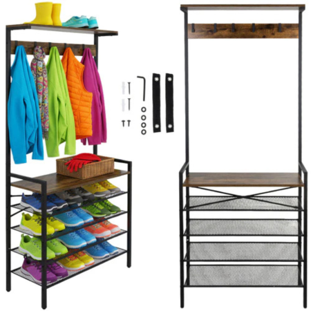 Cuiere - Cuier hol VarioShop® cu rafturi pentru pantofi si suport haine, 5 carlige, 4 rafturi metalice, stil loft industrial, metal si MDF, negru, 183.5x68x31.5 cm