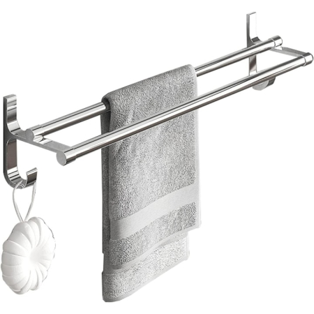 Cuier metalic de perete pentru baie VarioShop®, stil loft, din aluminiu rezistent la umiditate, cu 2 brate pentru prosoape, montaj cu suruburi inclus, 60 cm, Argintiu