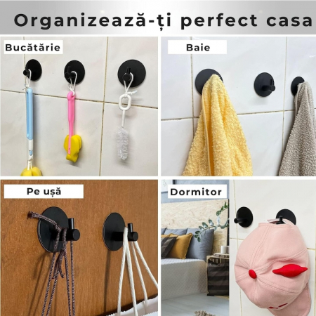Cuier pentru baie VarioShop®, utilizare universala, fixare autoadeziva, montare rapida, organizare practica, otel, Negru [2]
