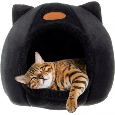 Culcusuri - Culcus pentru Pisici si Caini VarioShop® in forma de casa cu urechi de pisica, material din plus, moale, confortabil, rezistent la apa, usor de spalat si intretinut, 36 x 36 x 36 cm, Negru