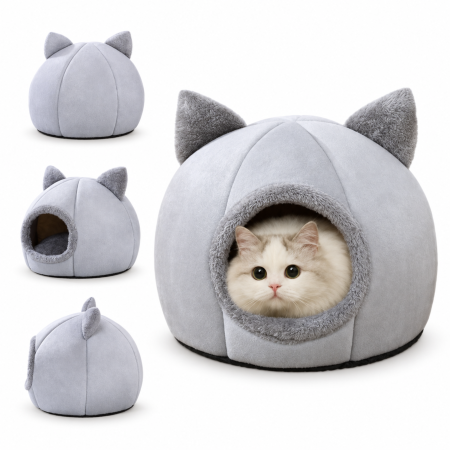 Culcusuri, perne si saltele pentru animale - Culcus pentru pisici VarioShop®, pentru odihna, tip casuta pliabila, perna detasabila, baza antiderapanta, velur, inaltime 34 cm, gri