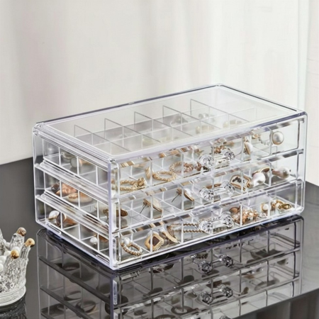 Curatenie, Organizare si Depozitare - Cutie Bijuterii Varioshop cu 3 Sertare si 72 Compartimente, Organizator Transparent pentru Inele, Cercei si Accesorii, Caseta Depozitare Eleganta 23x13.5x10.5 cm