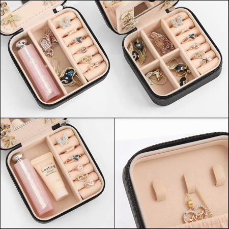Cutie de bijuterii portabila VarioShop®, eleganta, compacta, oglinda, cu doua separatoare detasabile si fermoar, pentru depozitarea colierelor, inelelor, cerceilor, piele ecologica, 10 x 10 x 5 cm, Ne [2]