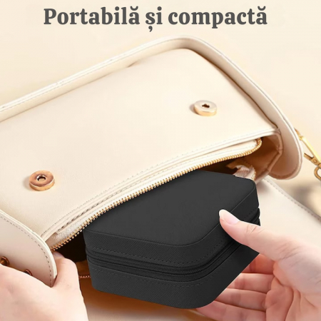 Cutie de bijuterii portabila VarioShop®, eleganta, compacta, versatila, cu doua separatoare detasabile si fermoar, pentru depozitarea colierelor, inelelor, cerceilor, piele ecologica, 10 x 10 x 5 cm, [7]