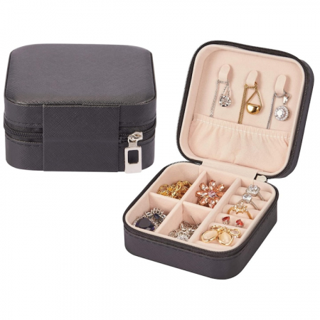 Cutie de bijuterii portabila VarioShop®, eleganta, compacta, versatila, cu doua separatoare detasabile si fermoar, pentru depozitarea colierelor, inelelor, cerceilor, piele ecologica, 10 x 10 x 5 cm, [9]