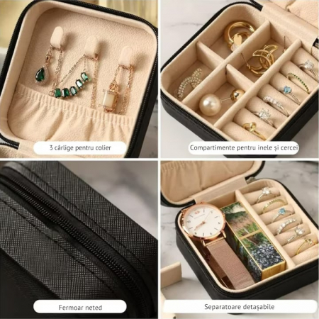 Cutie de bijuterii portabila VarioShop®, eleganta, compacta, versatila, cu doua separatoare detasabile si fermoar, pentru depozitarea colierelor, inelelor, cerceilor, piele ecologica, 10 x 10 x 5 cm, [6]