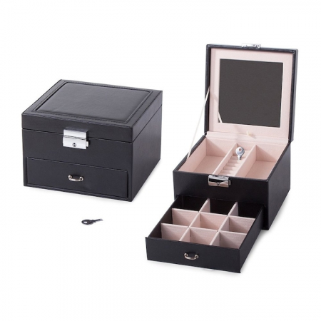 Cutie de bijuterii VarioShop®, cu sertar si oglinda, piele ecologica, interior catifea, cheie, 12 compartimente, 16x16x11cm, negru-crem [1]