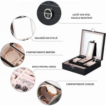 Cutie de bijuterii VarioShop® ideala pentru organizarea cerceilor, ceasurilor si colierelor, dotata cu oglinda, compartimente detasabile, inchidere cu cheie, dimensiuni 25x25x30cm, negru [8]