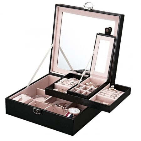Cutie de bijuterii VarioShop® ideala pentru organizarea cerceilor, ceasurilor si colierelor, dotata cu oglinda, compartimente detasabile, inchidere cu cheie, dimensiuni 25x25x30cm, negru [10]