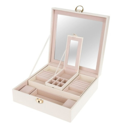 Organizare bijuterii, ceasuri & ochelari - Cutie de bijuterii VarioShop® ideala pentru organizarea cerceilor, ceasurilor si colierelor, dotata cu oglinda, compartimente detasabile, inchidere cu cheie, dimensiuni 25 x 25 x 30 cm, Alb