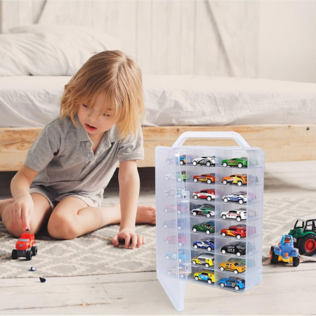 Organizare si depozitare - Cutie depozitare masinute VarioShop® cu inchidere sigura, 46 compartimente, transparenta, PP rezistent, dimensiuni 33x25x8.5 cm, cu maner transport