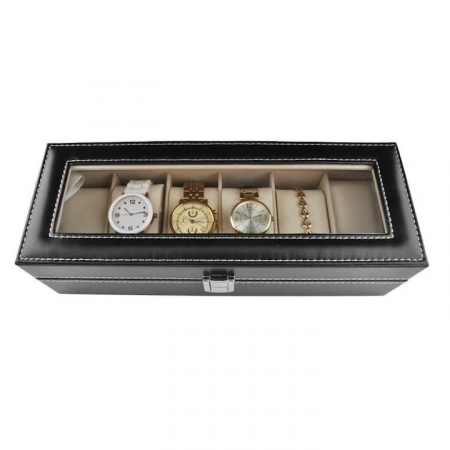 Cutie depozitare pentru 6 ceasuri VarioShop®, tip caseta, piele ecologica, pernite moi, fereastra transparenta, 30 x 11 x 8, Negru [7]