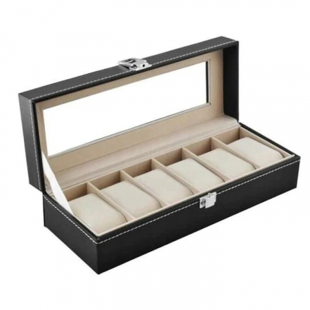 Cutie depozitare pentru 6 ceasuri VarioShop®, tip caseta, piele ecologica, pernite moi, fereastra transparenta, 30 x 11 x 8, Negru [12]
