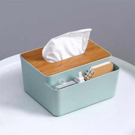 Casa & Bucatarie - Cutie organizatoare pentru servetele VarioShop®, cu capac din bambus, cu compartiment pentru obiecte mici, pentru birou, baie, living sau dormitor, design modern si elegant, Albastru