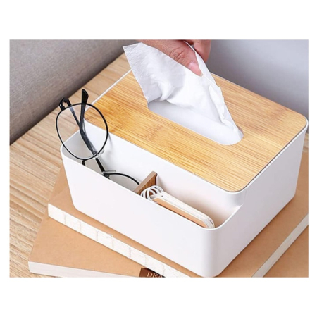 Rafturi si organizatoare bucatarie - Cutie organizatoare pentru servetele VarioShop®, cu capac din bambus, cu compartiment pentru obiecte mici, pentru birou, baie, living sau dormitor, design modern si elegant, Alb