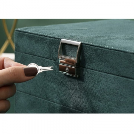 Cutie pentru bijuterii din catifea VarioShop®, cu 3 nivele si cheita, pentru inele, coliere, bratari, design cu mai multe compartimente, separatoare detasabile, 24.5 x 17.5 cm, verde [5]