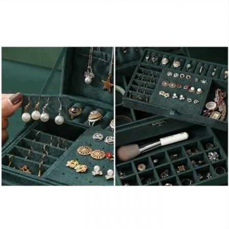 Cutie pentru bijuterii din catifea VarioShop®, cu 3 nivele si cheita, pentru inele, coliere, bratari, design cu mai multe compartimente, separatoare detasabile, 24.5 x 17.5 cm, verde [8]