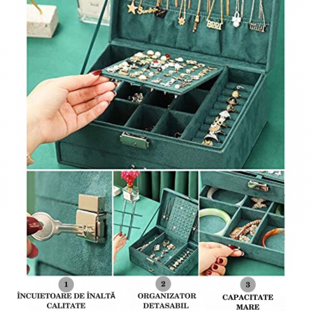 Cutie pentru bijuterii din catifea VarioShop®, cu 3 nivele si cheita, pentru inele, coliere, bratari, design cu mai multe compartimente, separatoare detasabile, 24.5 x 17.5 cm, verde [15]