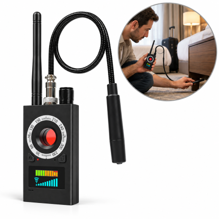 Dispozitive spionaj - Detector camere ascunse VarioShop, pentru identificarea dispozitivelor de ascultare si localizatoarelor GPS/GSM, detectie RF, magnetica si laser, sensibilitate reglabila, pana la 6,5 GHz, autonomie pa