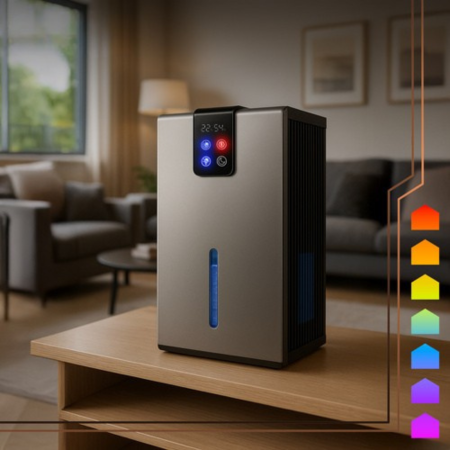 Dezumidificator de aer compact VarioShop®, cu LED ambiental si telecomanda, 1000 ml/zi, rezervor detasabil 2.2L, operare silentioasa, tehnologie Peltier, argintiu