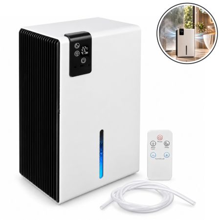Dezumidificatoare - Dezumidificator de aer VarioShop®, pentru reducerea umiditatii, 800 ml/zi, rezervor 2280 ml, higrostat 40–70%, telecomanda, mod Sleep, evacuare continua, 65W, argintiu