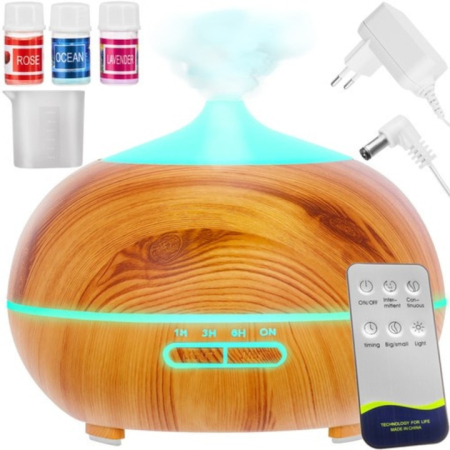 Difuzoare de arome - Difuzor de aroma si umidificator cu ultrasunete VarioShop®, ionizator, lampa LED si telecomanda, 400 ml, aromaterapie cu 3 uleiuri incluse, temporizator, functionare silentioasa, Crem