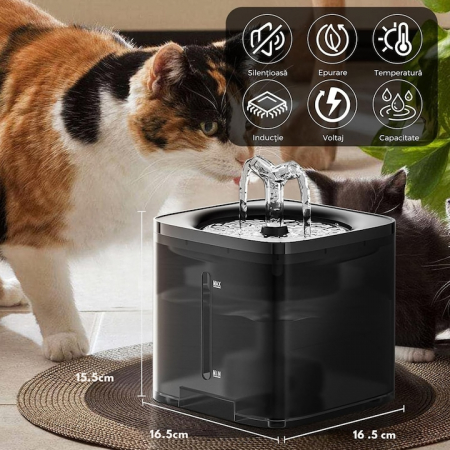Dispenser automat de apa VarioShop®, tip fantana pentru pisici si caini, cu purificare si filtrare, ultra-silentios, curatare rapida, 2L, autonomie pana la 5 zile, adaptor priza, Gri inchis [3]
