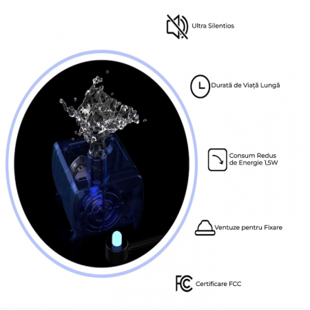 Dispenser/Fantana automata pentru animale de companie VarioShop®, Cu purificare si filtrare prin carbune activ, 3 trepte de reglare debit, Iluminare LED, Adaptor USB priza, Capacitate 2.4 l, Alb [1]