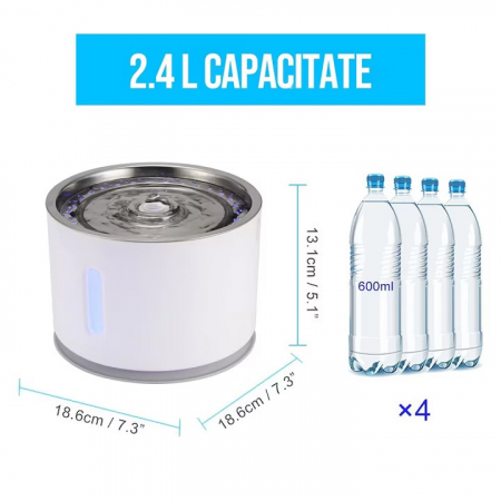 Dispenser/Fantana automata pentru animale de companie VarioShop®, Cu purificare si filtrare prin carbune activ, 3 trepte de reglare debit, Iluminare LED, Adaptor USB priza, Capacitate 2.4 l, Alb [10]