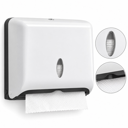 Baie - Dispenser hartie VarioShop®, pentru prosoape pliate, montare pe perete, fereastra de vizualizare, kit montaj si elemente autoadezive incluse, alb