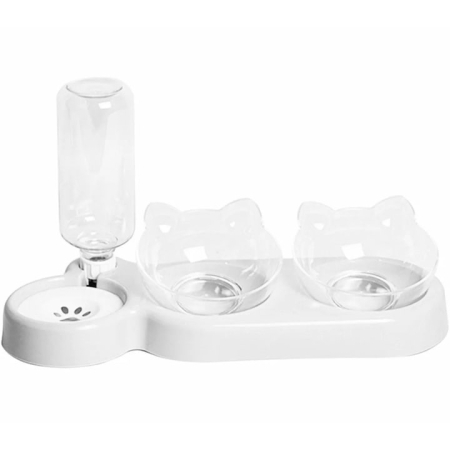 Hranire & Adapare - Dozator automat de apa si bol dublu pentru hranirea animalelor VarioShop®, boluri inclinate la 15 grade, rezervor de 0.5l, design compact si usor de curatat, 38 x 13.5 x 19 cm, Alb