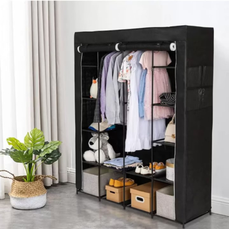 Casa & Bucatarie - Dulap textil XXL cu 14 rafturi si 2 sine de umerase, structura metalica cu material netesut, 3 usi cu fermoar, mobil si pliabil, ideal pentru organizarea hainelor si economisirea spatiului