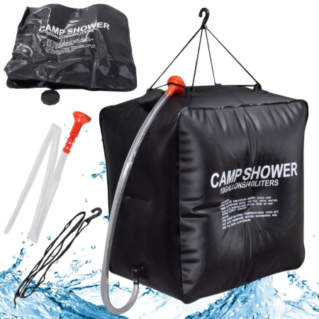 Sport & Travel - Dus solar portabil 40l VarioShop®, pentru camping gradina si plaja cu furtun si agatatoare, incalzire naturala a apei si design compact, Negru