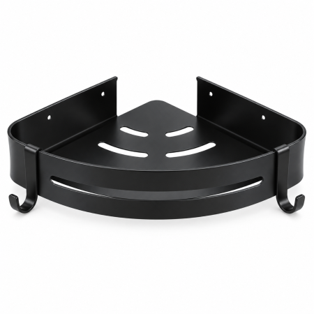 Rafturi si accesorii - Raft de colt pentru baie VarioShop®, montare pe perete fara gaurire, adeziv inclus, 21,5 x 28,5 x 4,5 cm, otel inoxidabil, negru