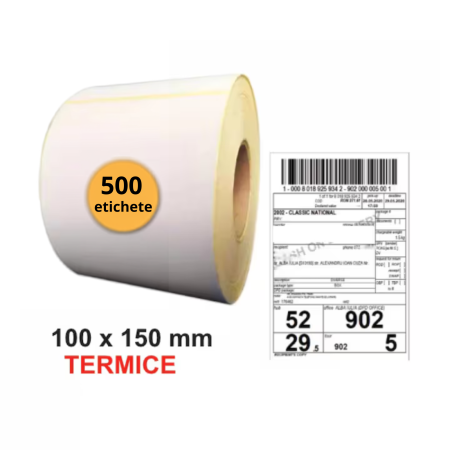 Imprimante termice și consumabile - Etichete termice autoadezive VarioShop®, 100 x 150 mm, perfor de rupere, pentru AWB,  curierat, depozit si e-commerce, 500 etichete/rola, alb