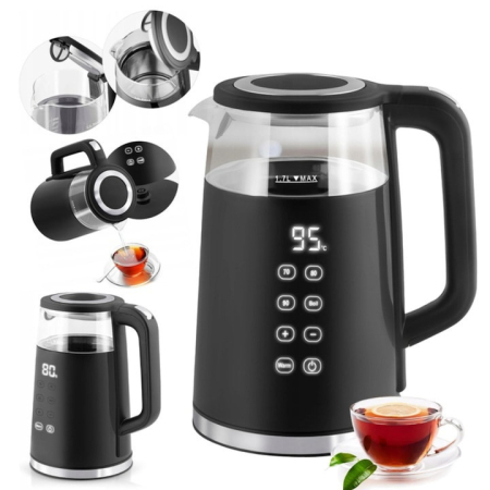 Electrocasnice mici bucatarie - Fierbator electric cu control tactil VarioShop®, din sticla 1.7L, 1850–2200W, temperaturi reglabile 70/80/90/100°C, functie Warm, baza rotativa