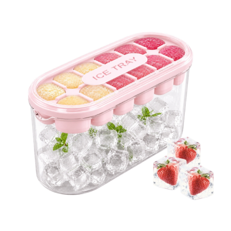 Forme de gheata, inghetata si frapiere - Forma cuburi de gheata VarioShop®, 12 compartimente, cu recipient si capac etans, reutilizabila, 19x8x3.5 cm, roz