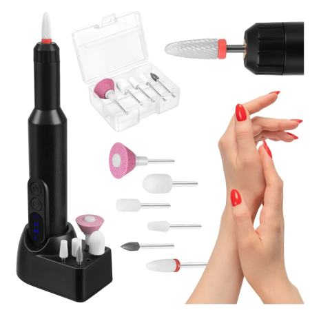 Truse manichiura si pedichiura - Freza de unghii VarioShop®, fara fir, pentru manichiura si pedichiura, 3 viteze, rotatie dreapta/stanga, afisaj LED, USB-C, 18.000 RPM, 6 capete incluse, statie de incarcare, negru