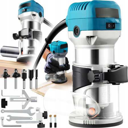 Unelte si aparate de masura - Freza Electrica Lemn 2000W Varioshop, 13000-33000 rpm, Collet 6/8 mm, Adancime 50 mm, Router Profesional Tamplarie, Set Complet Accesorii