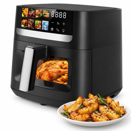 Friteuza cu aer cald VarioShop®, Air Fryer cu 8 programe, pentru cartofi, carne, peste si prajituri, functie decongelare, fereastra vizualizare, panou tactil LED, 1800W, 8L, negru
