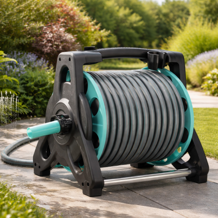 Aspersoare - Furtun pentru gradina cu tambur retractabil 30m VarioShop®, pistol aspersor multifunctional, suport montare, sistem complet irigare