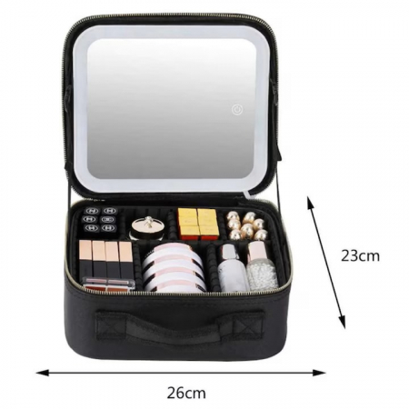 Geanta de Voiaj pentru Cosmetice VarioShop®, cu Oglinda pentru Make-up Iluminata cu Tehnologie LED, Husa pentru Pensule de Machiaj, Compartimente Reglabile, Dimensiuni 26 x 23 x 11 cm, Negru [1]