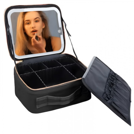 Geanta de Voiaj pentru Cosmetice VarioShop®, cu Oglinda pentru Make-up Iluminata cu Tehnologie LED, Husa pentru Pensule de Machiaj, Compartimente Reglabile, Dimensiuni 26 x 23 x 11 cm, Negru [11]