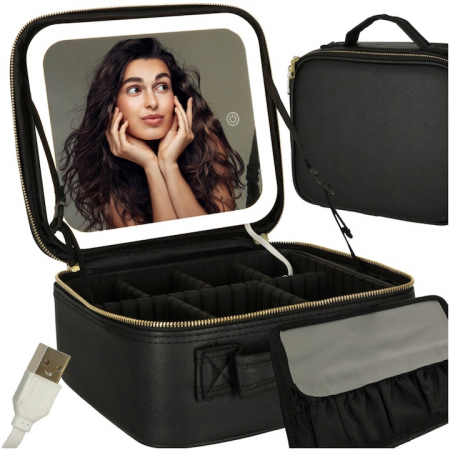 Machiaj - Geanta de Voiaj pentru Cosmetice VarioShop®, cu Oglinda pentru Make-up Iluminata cu Tehnologie LED, Husa pentru Pensule de Machiaj, Compartimente Reglabile, Dimensiuni 26 x 23 x 11 cm, Negru