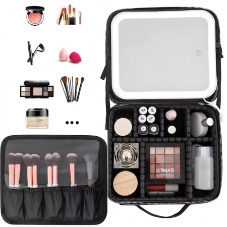 Geanta de Voiaj pentru Cosmetice VarioShop®, cu Oglinda pentru Make-up Iluminata cu Tehnologie LED, Husa pentru Pensule de Machiaj, Compartimente Reglabile, Dimensiuni 26 x 23 x 11 cm, Negru [2]