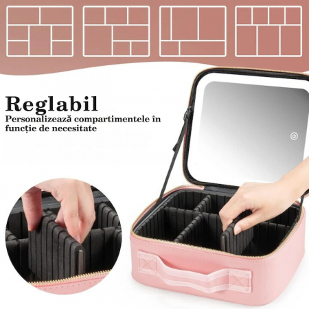 Geanta de voiaj pentru cosmetice VarioShop®, cu oglinda pentru make-up iluminata cu tehnologie LED si o extra-oglinda pentru detalii mici, compartimente reglabile, dimensiuni 26 x 23 x 11 cm, roz [11]