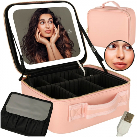 Machiaj - Geanta de voiaj pentru cosmetice VarioShop®, cu oglinda pentru make-up iluminata cu tehnologie LED si o extra-oglinda pentru detalii mici, compartimente reglabile, dimensiuni 26 x 23 x 11 cm, roz