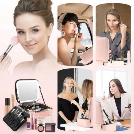Geanta de voiaj pentru cosmetice VarioShop®, cu oglinda pentru make-up iluminata cu tehnologie LED si o extra-oglinda pentru detalii mici, compartimente reglabile, dimensiuni 26 x 23 x 11 cm, roz [9]