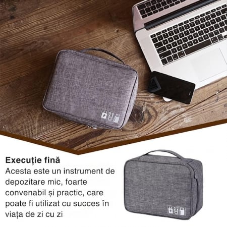 Geanta organizatoare VarioShop®, pentru cabluri si accesorii laptop/telefon/aparat foto, separatoare reglabile, inchidere cu fermoar, pentru calatorii, impermeabila, 25 x 10 x 18.5 cm, Gri [3]